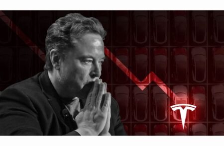 A Tesla showroom with declining foot traffic, reflecting the brand’s recent sales downturn and market challenges.