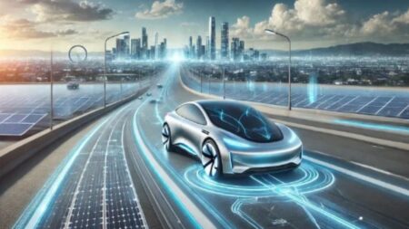 A futuristic self-charging electric vehicle driving on an open road, harnessing wind energy for continuous battery replenishment.