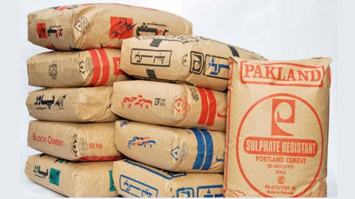 Stack of 50 kg cement bags with updated prices in Pakistan 2025