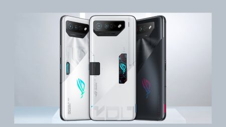 ASUS ROG Phone 7 front and back view showing RGB lights and gaming triggers