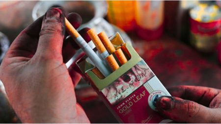 Different cigarette brands in Pakistan including Gold Leaf, Dunhill, Marlboro, Capstan, and Morven Gold with price tags (2025)