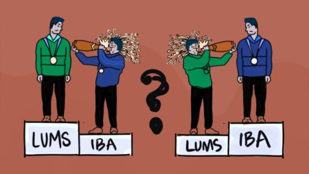 LUMS and IBA University logos with comparison chart in background