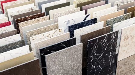 Ceramic and marble tiles displayed in a showroom in Pakistan