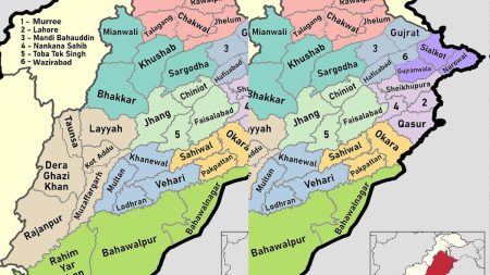 Detailed map showing all districts of Punjab province in Pakistan