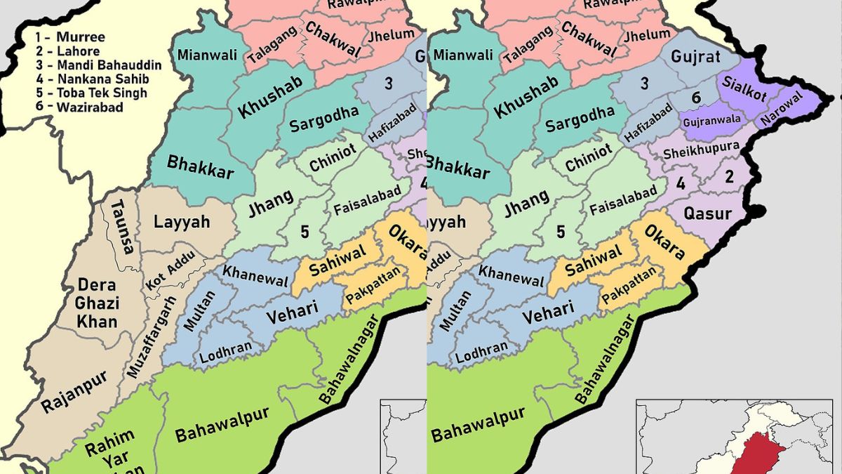 Detailed map showing all districts of Punjab province in Pakistan