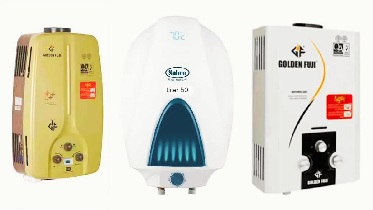 Close-up of an LPG geyser installed in a Pakistani home in 2025