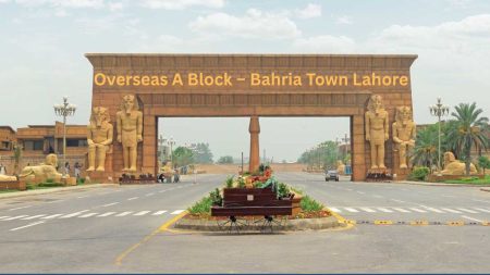 Aerial view of Overseas A Block in Bahria Town Lahore with residential plots and parks