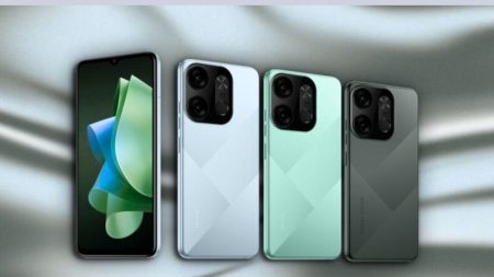 Tecno Spark Go 2023 mobile phone in blue color front and back view with specs highlights