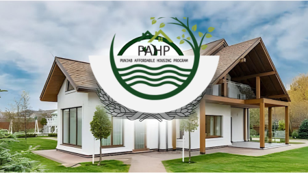 Middle-income family in Punjab reviewing home loan documents in front of a newly constructed house under government housing scheme