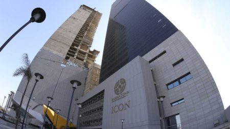 Front view of Bahria Icon Tower in Clifton Karachi showing office floors and modern glass facade