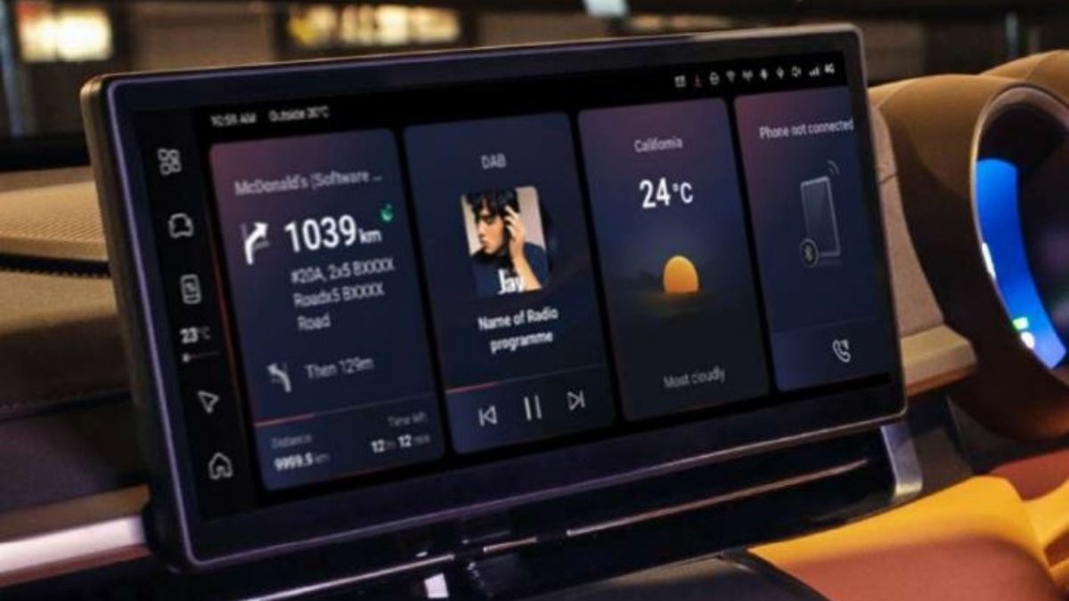 Car infotainment system touchscreen display showing GPS navigation in a modern Pakistani car interior