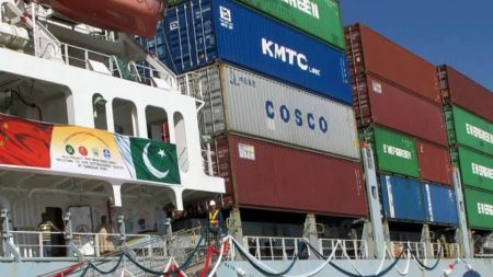 Container ship transporting cargo from China to Pakistan via sea route in 2025