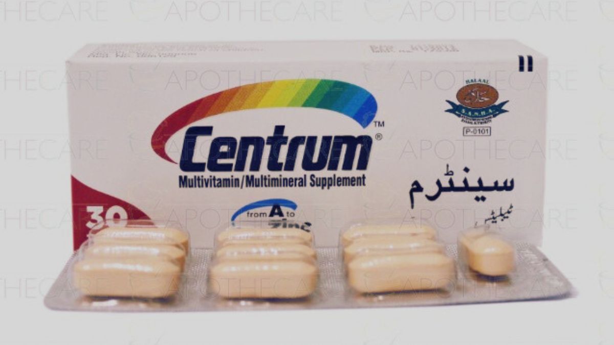 Centrum multivitamins bottle with vitamins and minerals icons representing health benefits in Pakistan