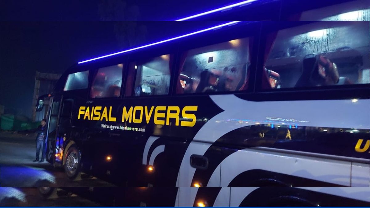 View of Faisal Movers terminal in Karachi with parked buses