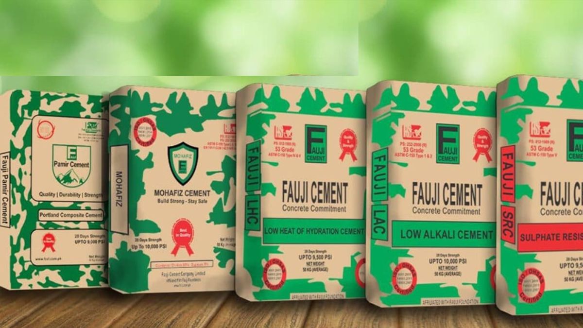 Fauji Cement bags stacked at warehouse in Pakistan showing updated cement rates June 2025