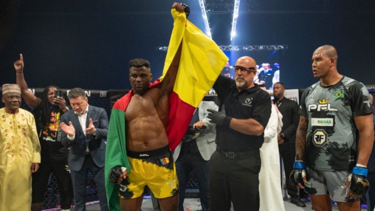 Francis Ngannou celebrates winning the PFL Super Fight Heavyweight Championship in Riyadh 2024