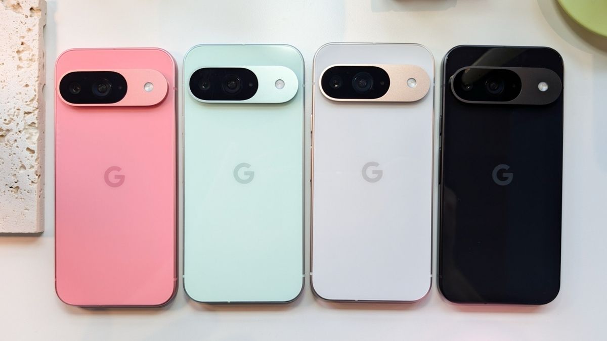 Google Pixel 10 smartphones displayed in leaked colors including Obsidian, Blue, Iris, Limoncello, Green, Sterling, and Porcelain