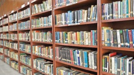 Bookshelves and reading area inside a modern public library in Pakistan