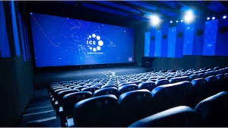 Modern cinema screen displaying a movie, representing Islamabad's silver screens