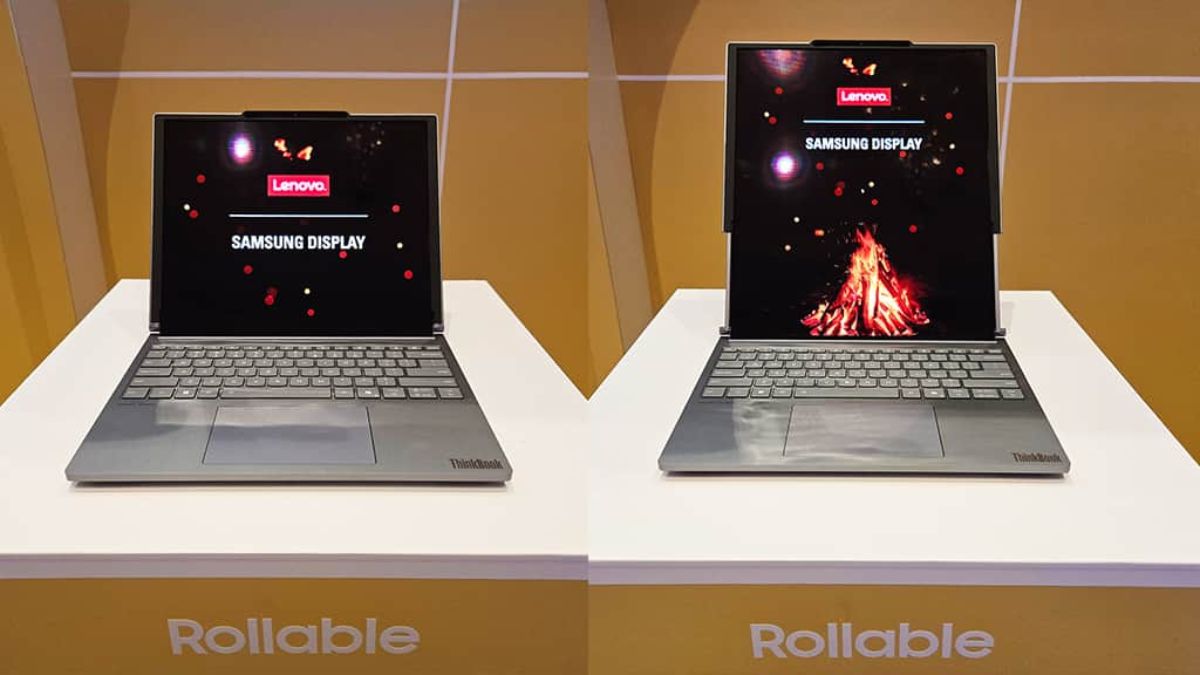 Lenovo's 2025 rollable laptop fully extended with vertical OLED screen