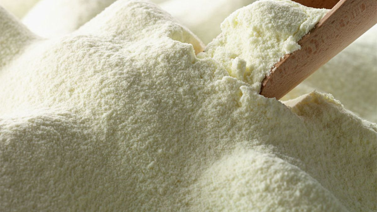 Various milk powder brands with updated June 2025 prices in Pakistan displayed on a supermarket shelf.