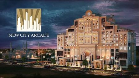 Exterior view of New City Arcade Wah Cantt with commercial shops and apartments