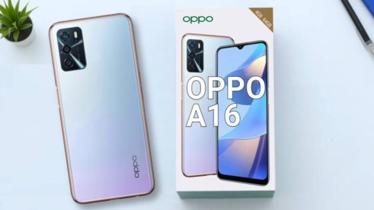 Oppo A16 smartphone displaying its screen, showcasing design and specs, available in Pakistan 2025