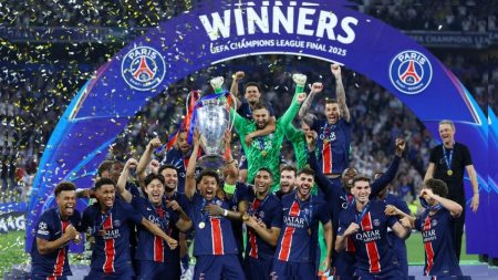 Paris Saint-Germain players celebrating their 5-0 win in the 2025 UEFA Champions League final