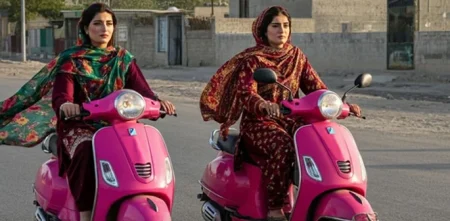 Image showing a disappointed female teacher, possibly next to an empty space where a scooter might be, symbolizing an unfulfilled promise or lack of transport.