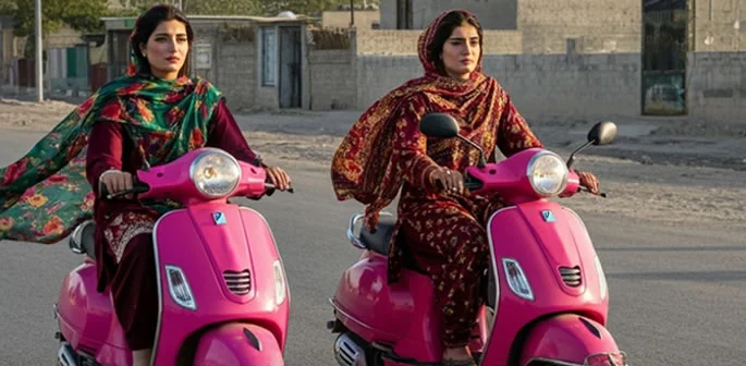 Image showing a disappointed female teacher, possibly next to an empty space where a scooter might be, symbolizing an unfulfilled promise or lack of transport.