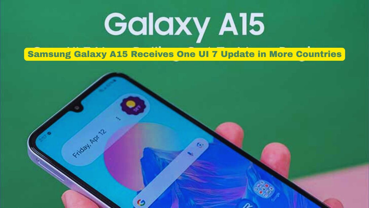 Samsung Galaxy A15 smartphone showing One UI 7 update screen