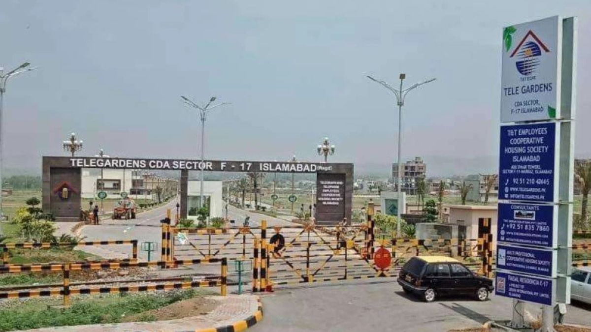 Aerial view of Sector F-17 Islamabad Tele Gardens housing society with residential plots and green spaces in 2025