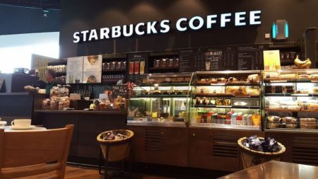 Starbucks coffee shop exterior with customers in an urban location, representing franchise prospects in Pakistan