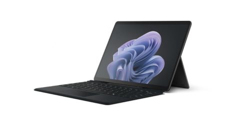 Microsoft Surface Pro 10 Core Ultra 7 tablet with keyboard and stylus on desk