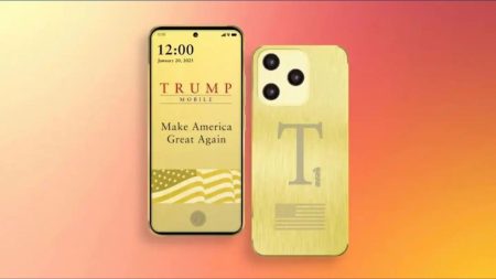 Trump Mobile T1 smartphone in gold color showing display and camera