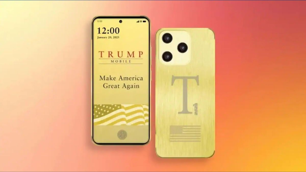 Trump Mobile T1 smartphone in gold color showing display and camera