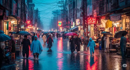 Image of rain falling on a lush green landscape in Pakistan, with dark clouds in the sky, symbolizing relief from heat.