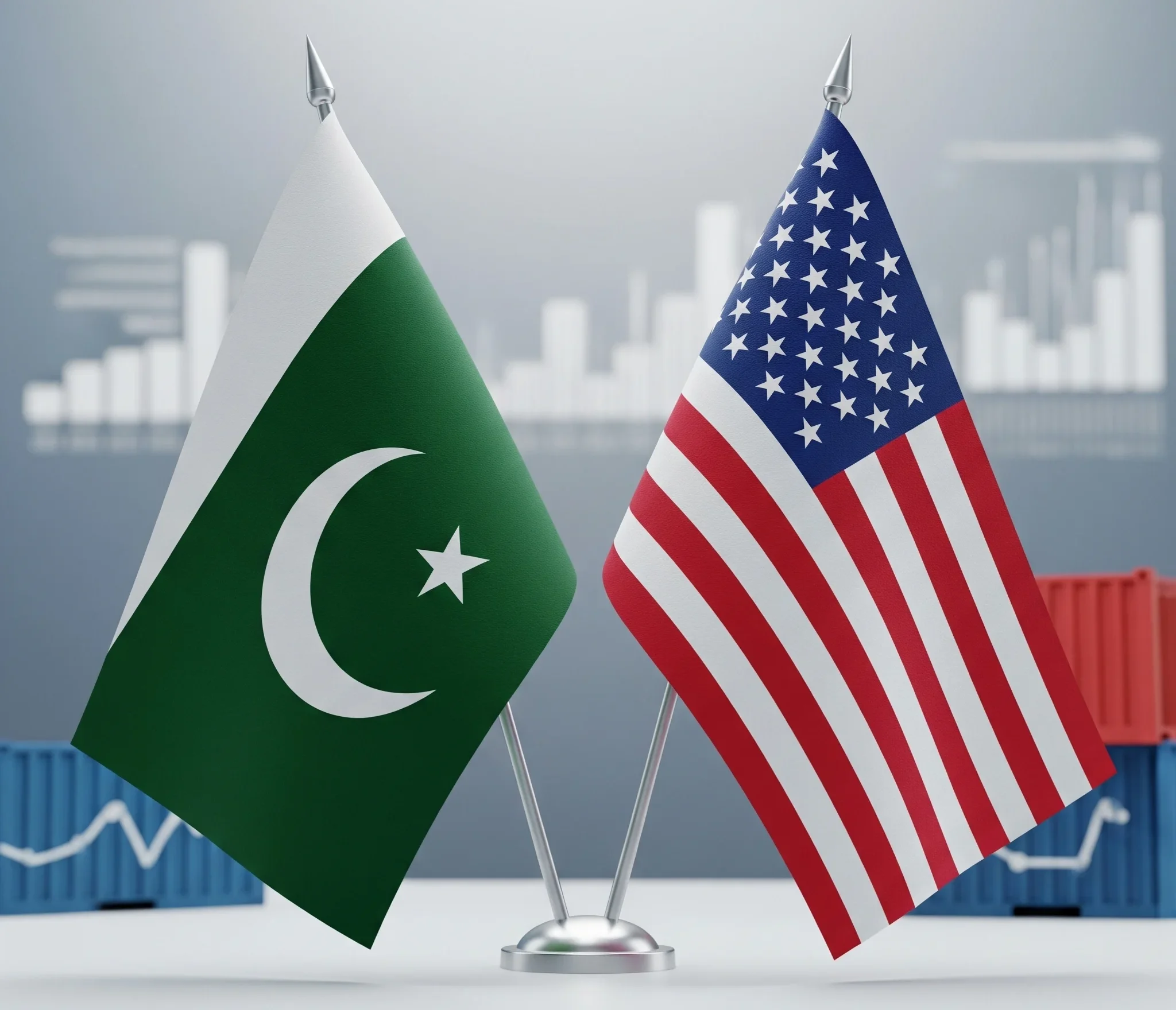 Image showing flags of Pakistan and the United States, representing bilateral trade and economic negotiations.
