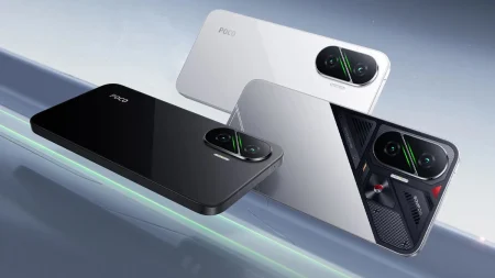 Image showing the sleek design of the Poco F7 smartphone in one of its color variants (e.g., Cyber Silver), highlighting its large display and camera module.