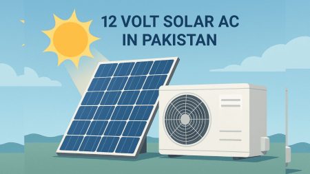 12 Volt Solar AC Price in Pakistan 2025 – Latest Models, Features & Cost Guide Installed 12 volt solar air conditioner with rooftop solar panels in Pakistan