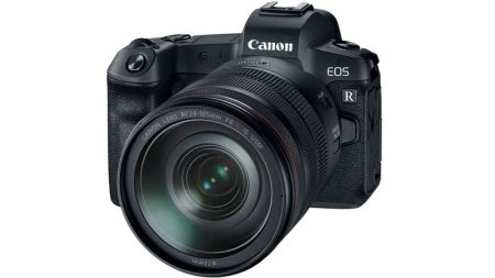 Canon EOS R mirrorless camera front view with lens – 2025 model