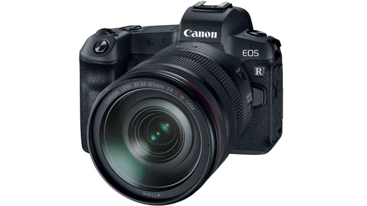 Canon EOS R mirrorless camera front view with lens – 2025 model