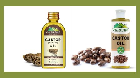 Assorted castor oil bottles from popular Pakistani brands with price tags