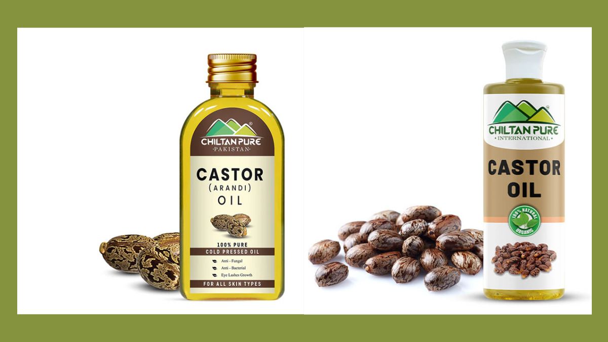 Assorted castor oil bottles from popular Pakistani brands with price tags