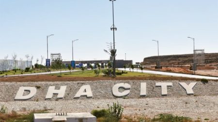 Aerial view of DHA City Karachi housing plots with road network and development