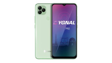 Dcode Cygnal 2 Pro mobile phone front and back view with screen on, shown in glossy finish – 2025 model available in Pakistan