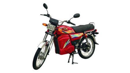 Side view of electric 70cc bike parked in Pakistan, showing battery and design
