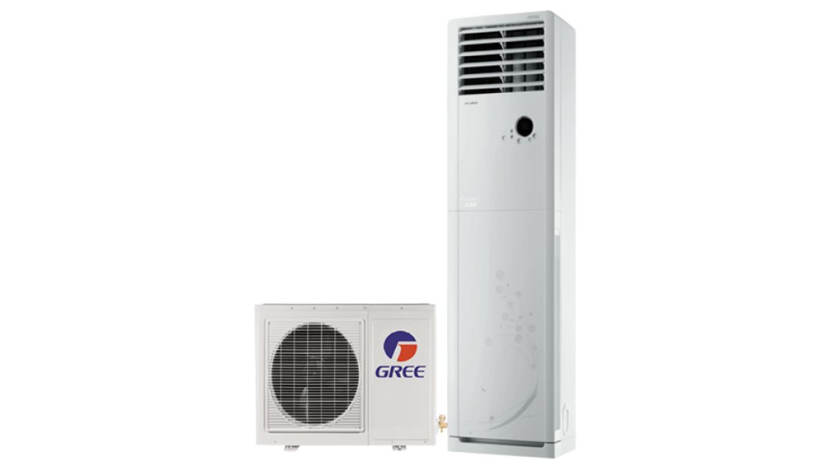 Gree floor standing air conditioner 2025 model in a modern room setup