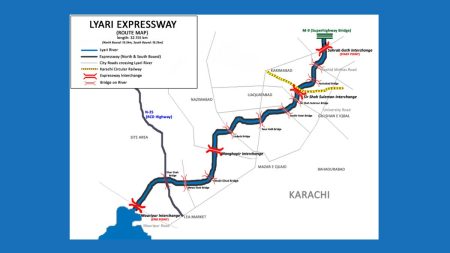Map showing Lyari Expressway directions with interchanges in Karachi