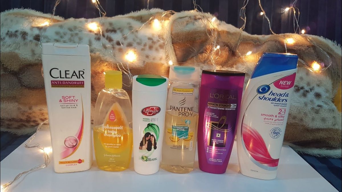 Various Pakistani shampoo brands arranged by type and hair care benefits in 2025